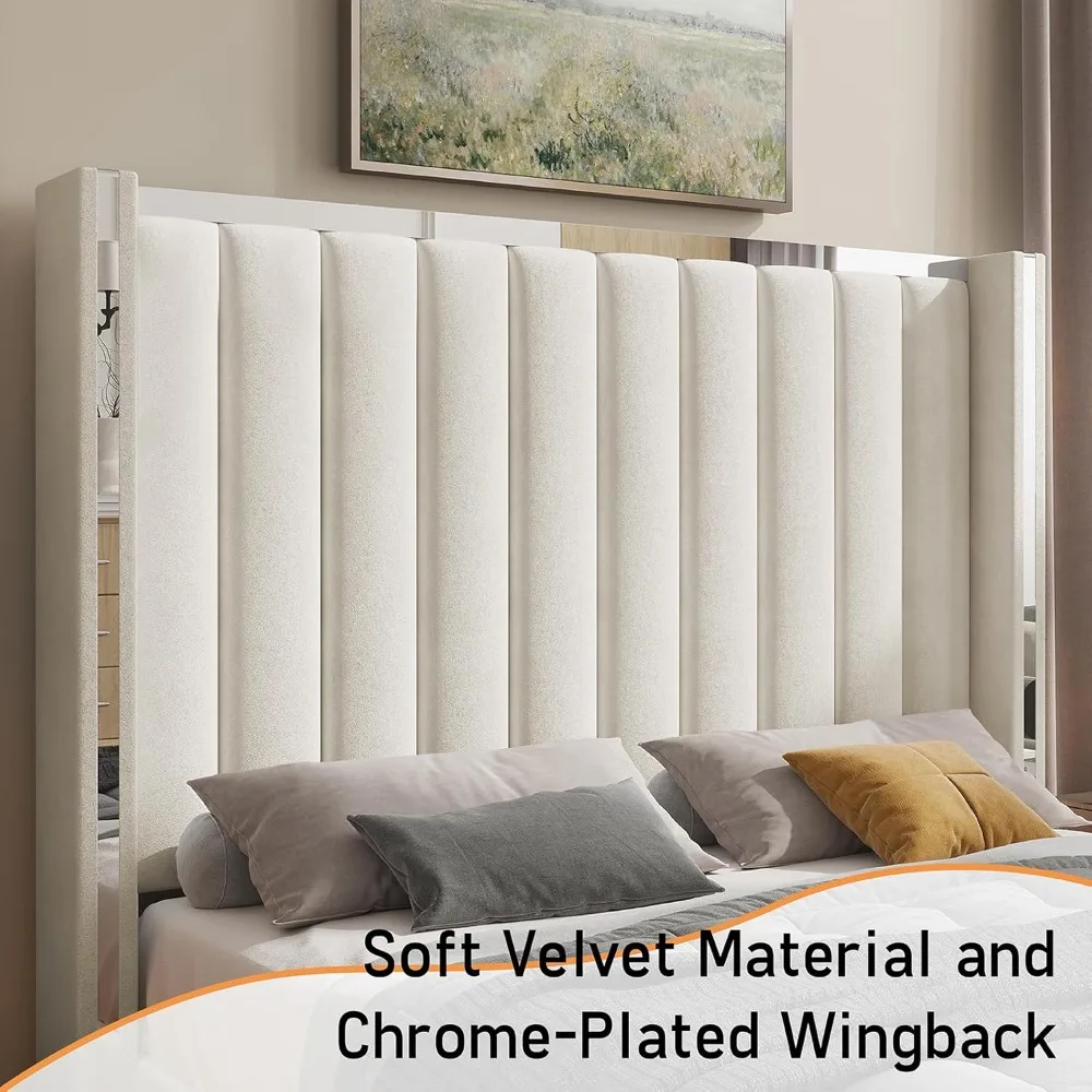 سرير بمنصة مخملية بحجم كوين مع 58 لوح رأسي معنقدة بقناة عالية