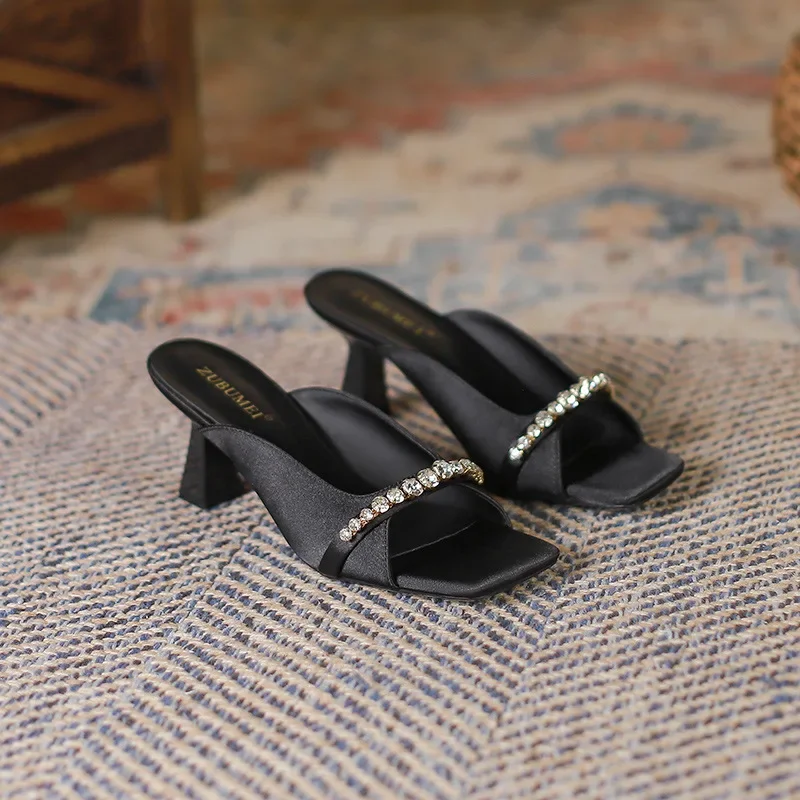 Shoes Summer Women Sandals Silk Rhinestone High Heels Square Toe 5CM Sandles Casual Heels Mature Shoes Women's champagne Sandals