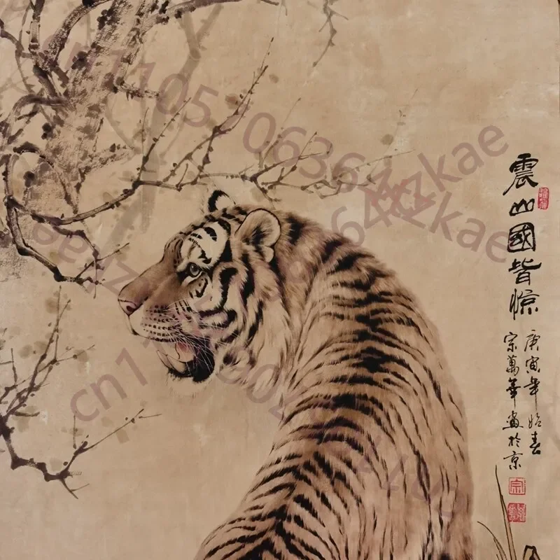 Old Chinese Painting Reel Hand Painted Tiger Painting Scroll Paper Slice Crafts