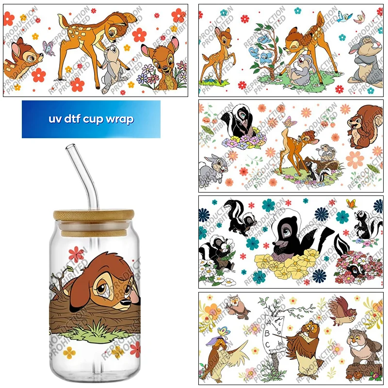 popular Cartoon Deer design Transfer sticker UV DTF for 16oz Libbey DIY Gift Performance Selfadhesive 3D Sticker Cup Wraps