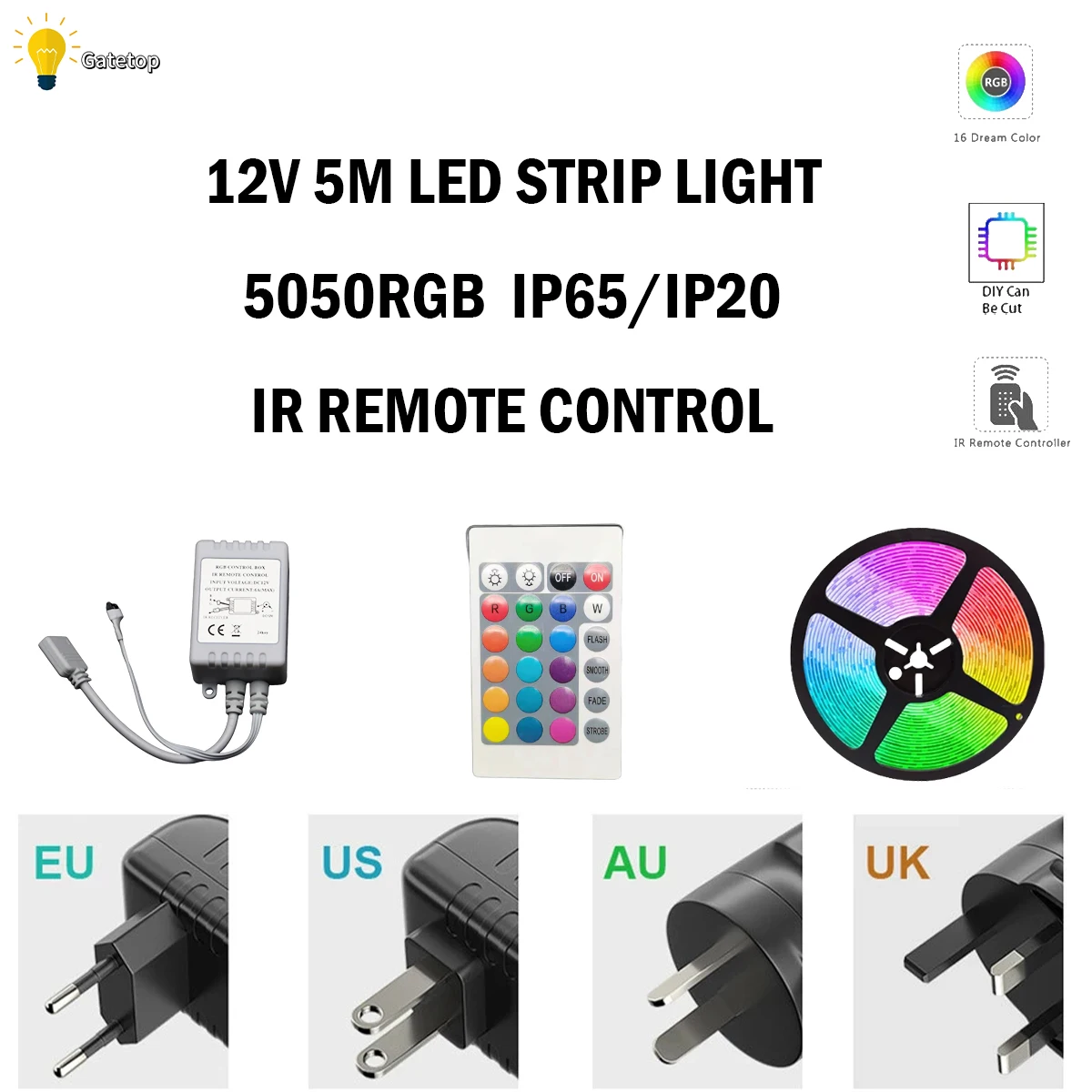 

RGB LED strip 5M/Roll 30LED/M 12V 24 key Infrared Remote Control IP20/IP65 16 Colors for Holiday, Home Decoration SMD5050 RGB