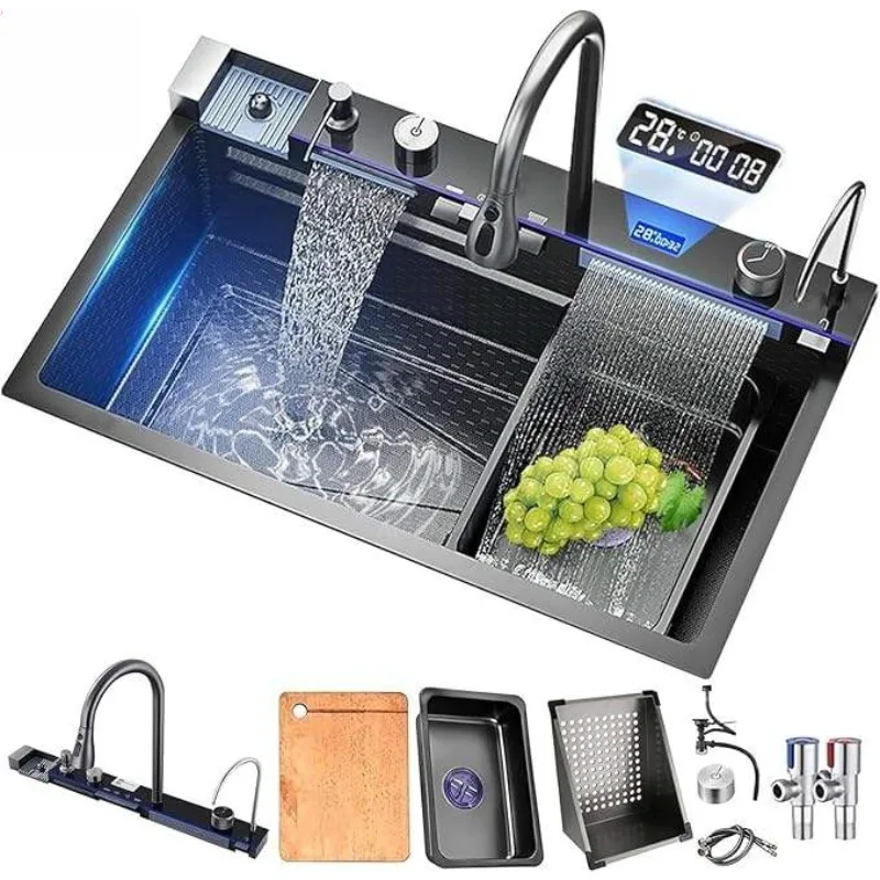 Popular Large Single Slot Multi-Sink Anti-Scratch LED Digital Display 304 Stainless Steel Waterfall Bowl Kitchen Sink