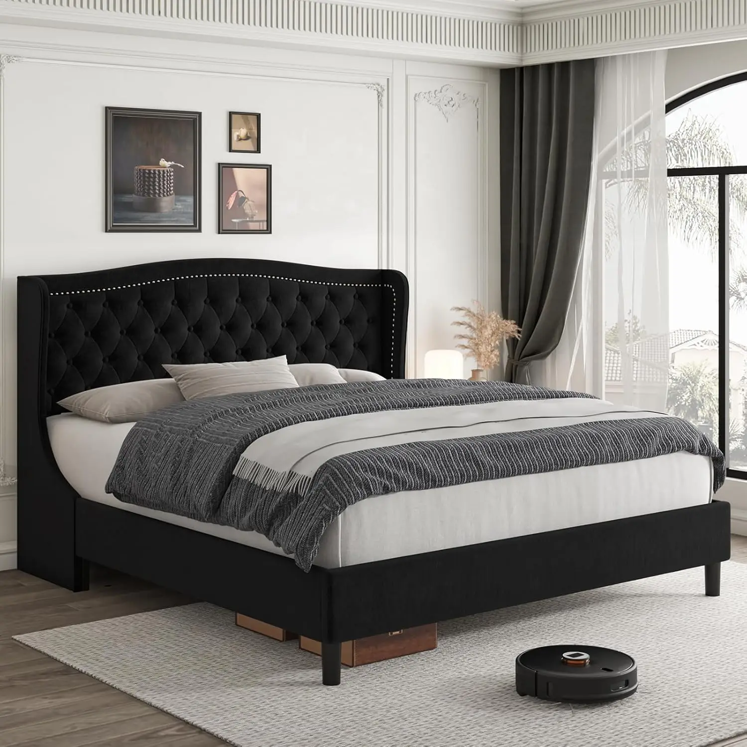 Queen Size Bed Frame, Modern Upholstered Platform Bed with Wingback Headboard, Heavy Duty Button Tufted Bed Frame with