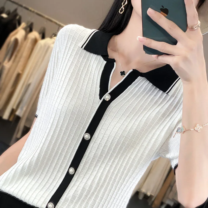 

Polo neck knitted short sleeved loose t-shirt for women 2024new fashionable women's summer comfortable and breathable knittedtop