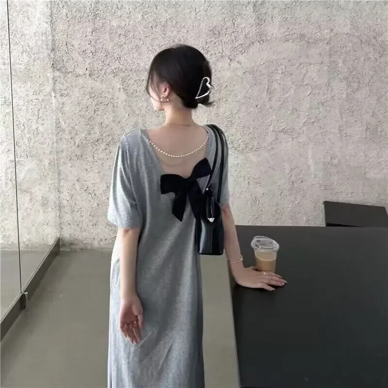 단순 등이없는 짧은 소매 패션 T 셔츠 드레스 여름 느슨한 활 패치 워크 캐주얼 미디 드레스 한국 트렌드 여성 의류