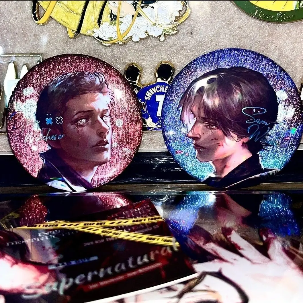 Badge rond Supernatural effet dégâts de combat, Broche Sam Winchester, Épingles Dean Winchester, Accessoires de sac, Articles d'anime, Cadeau de collection