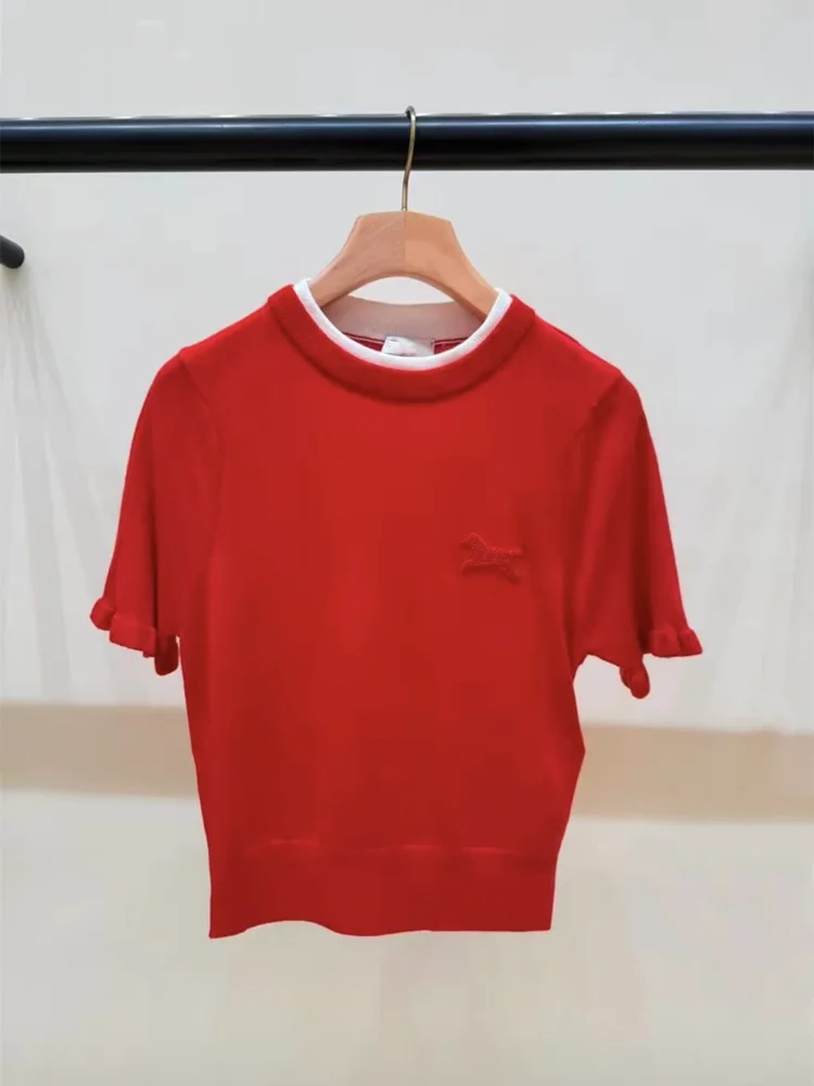 

Высококачественная версия красного цвета Blo ort Sve Женский вязаный топ French Sle Slim Fit круглый Ne Fake из двух предметов для повседневного ношения