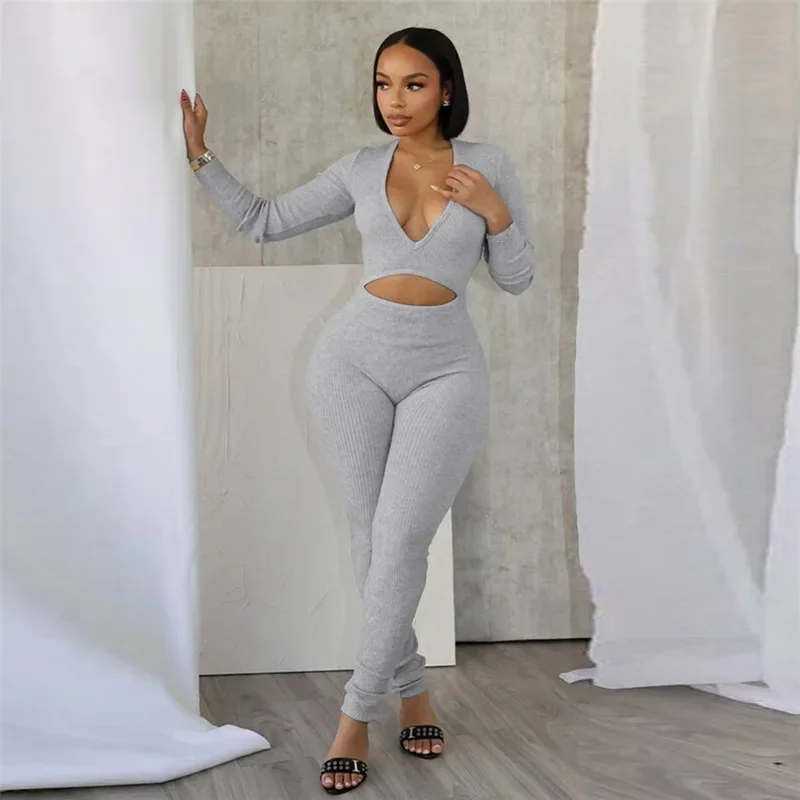 Laxsesu Solid Ribbed Jumpsuit Women Low-Neck Hollow Stretch Full Sleeve Autumn Workout Skinny Sporty Classic Basic Outfits