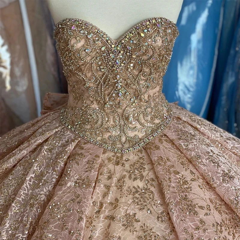 Sparkly Champagne Lace Quinceanera Dresses Ball Gown 2024 Sweetheart Beaded Gold Sequins Off Shoulder Sweet 16 Dress Lace-up