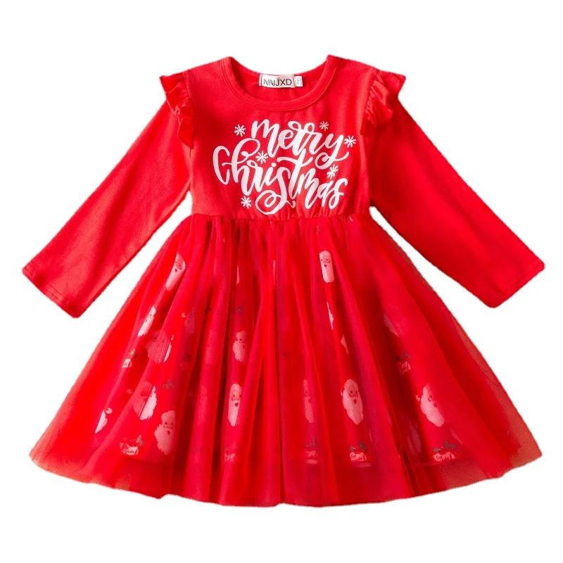 

Christmas 2023 New Girls Dress Santa Claus Cartoon Print Princess Dress Baby Long Sleeve Fluffy Dress