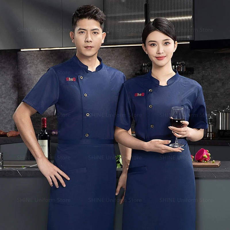 夏用シェフジャケットエプロン帽子半袖シェフユニフォームメンズブラックシェフコートロゴレストランホテルキッチン調理服