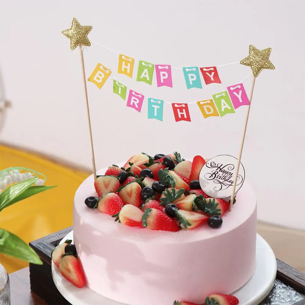 كعكة سحب زهرة ملونة كعكة توبر لطيف ورقة كعكة راية DIY بها بنفسك اليدوية كعكة عيد ميلاد سعيد ديكور حفلة عيد ميلاد لوازم