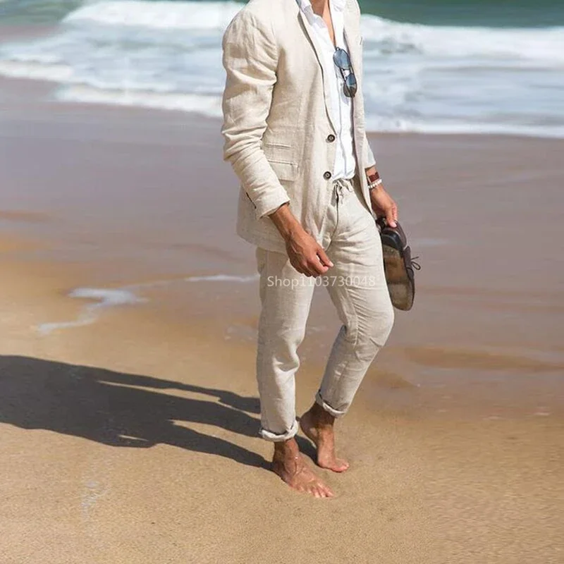 2 PieceCasual Beige Linen Men Suits Notch Lapel Slim Fit Two Buttons Blazer Pants Groom Tuxedos Wedding Summer Beach  Suits Sets