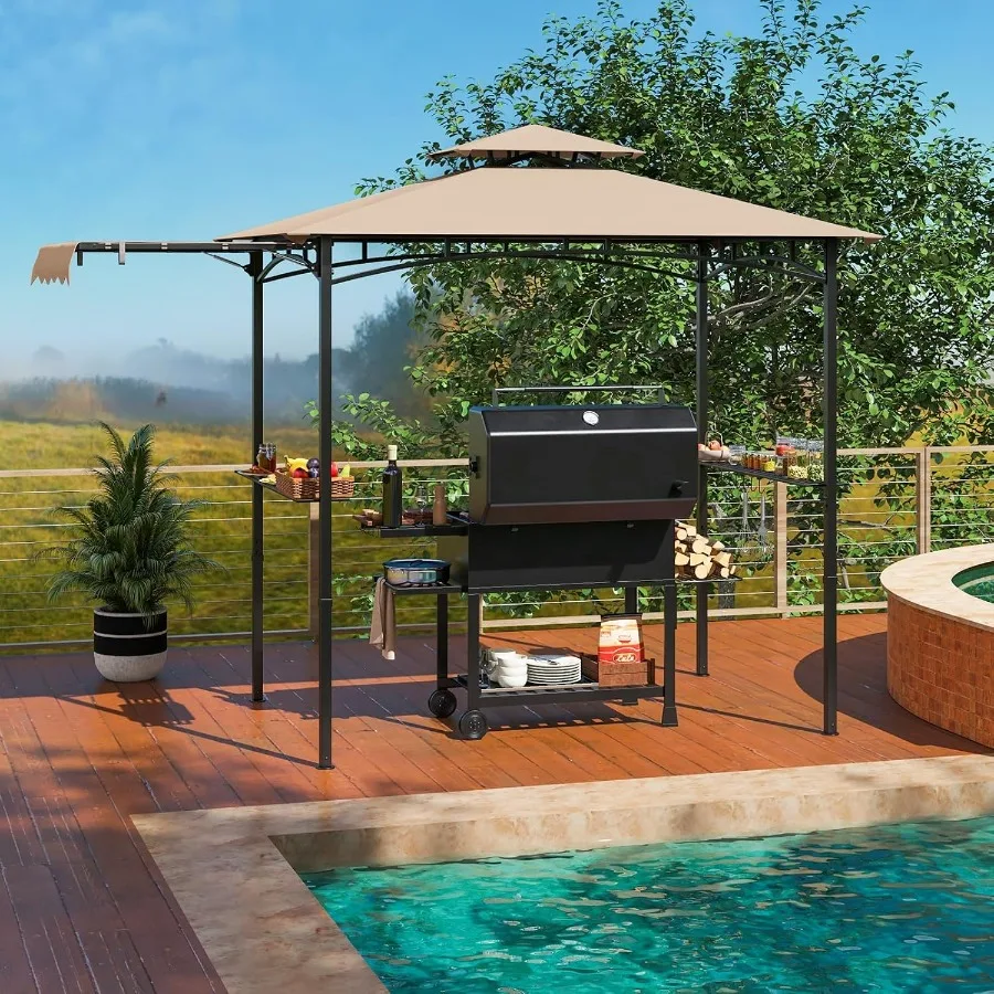 11x5 FT Grill Gazebo with Side Awning & 2-Tier Vented Canopy, Heavy-Duty Rustproof Frame, 2 Shelves, 12 Hooks, Tool-Free Assembly