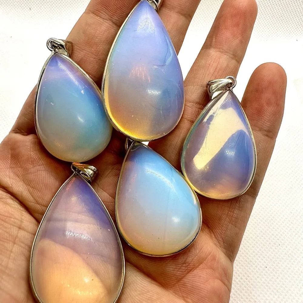 White Opal Stone Pendants for Women Necklace Cute Diy Jewelry Making Accessories Crystal Water Drop Amulet Vintage Large 5pc