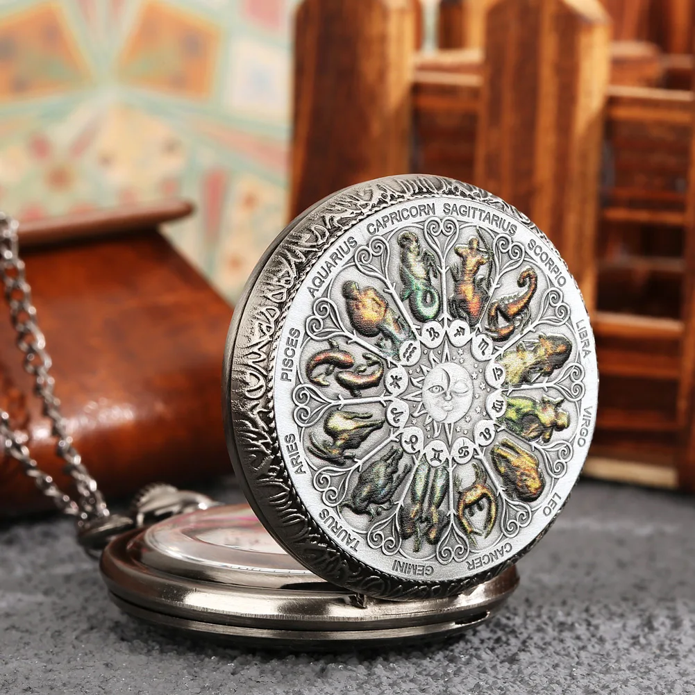 Vintage 12 Constellations Star Sign Zodiac Quartz Pocket Watch Charms Fit Charm Pendant Necklace with 80cm Chain Souvenir Gifts