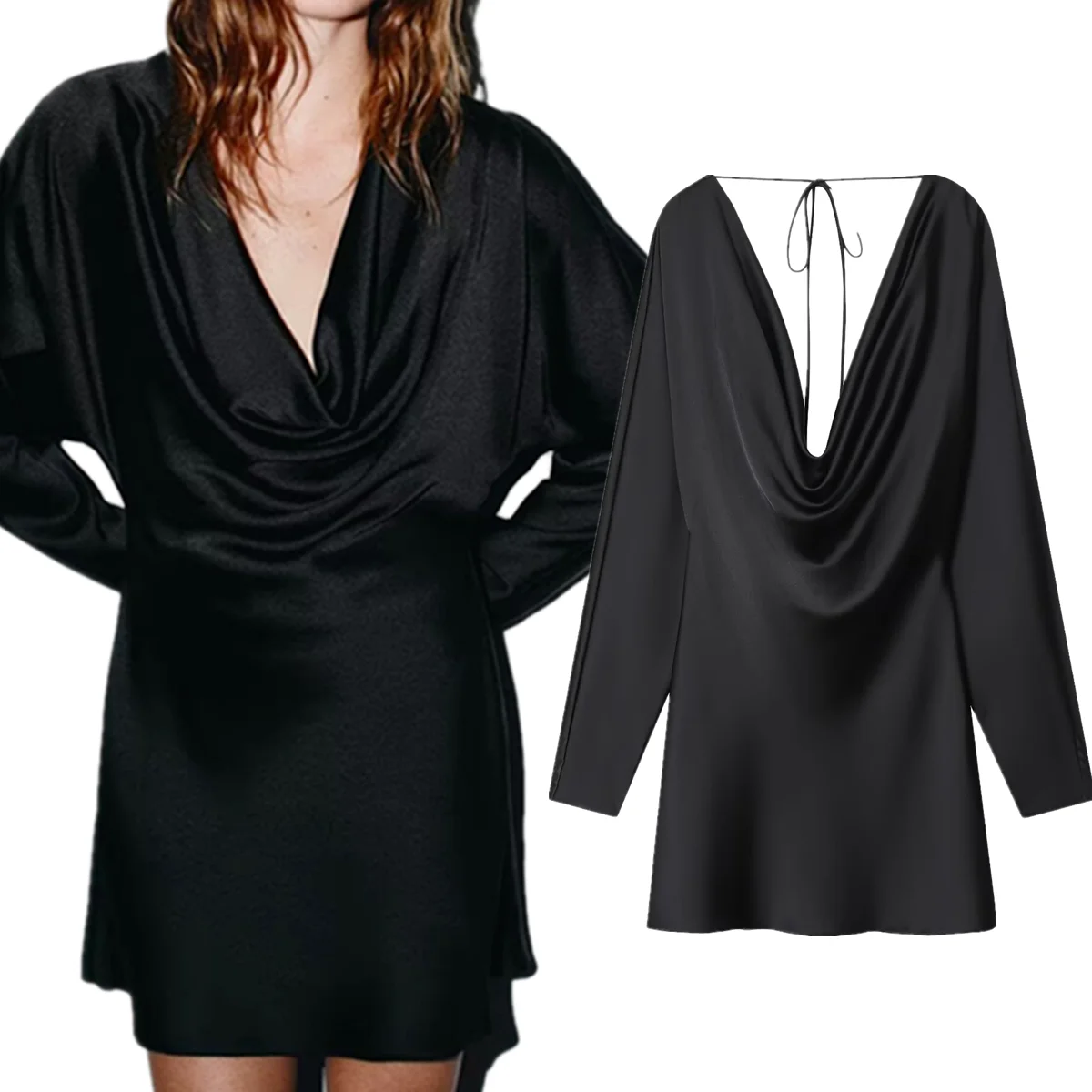 Maxdutti French Minimalist Satin Pleated Sexy Backless Dress Women Black Color Elegant Party Dresses Vestidos Womens Dresses