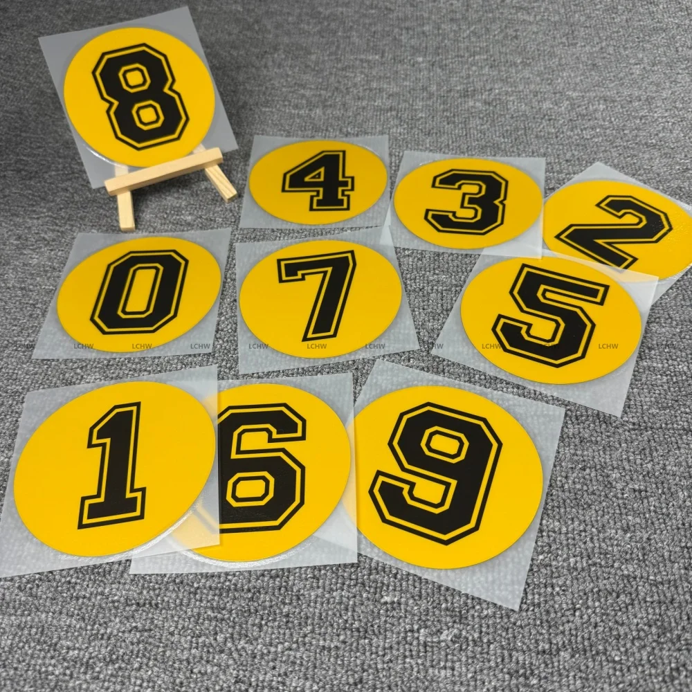 Yellow Round Racing Number Stickers 0-9 Black Outline Vinyl Decals for Race Car Go Kart Motorcycle Helmet Decal