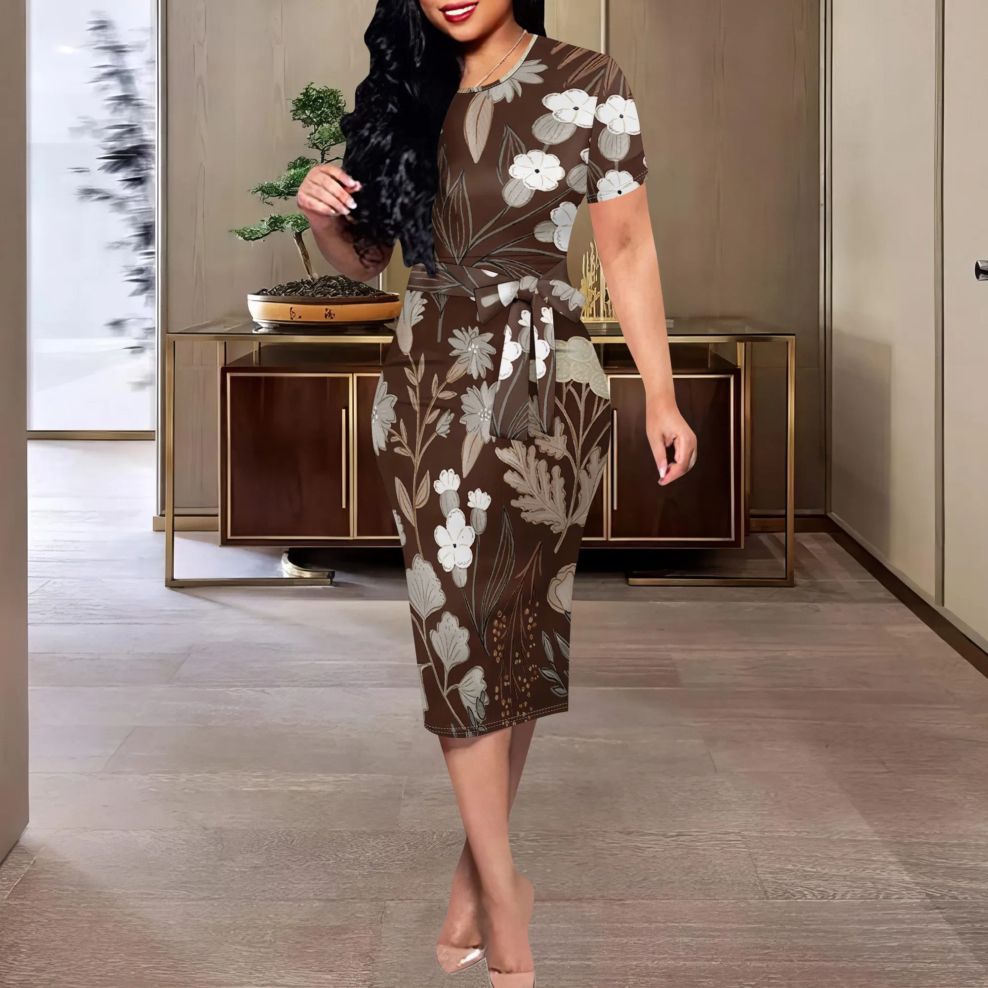

Brown Floral Midi Dress XS-3XL – Earth Tone Bodycon with Neutral Botanical Print for Autumn Office or Daily Chic