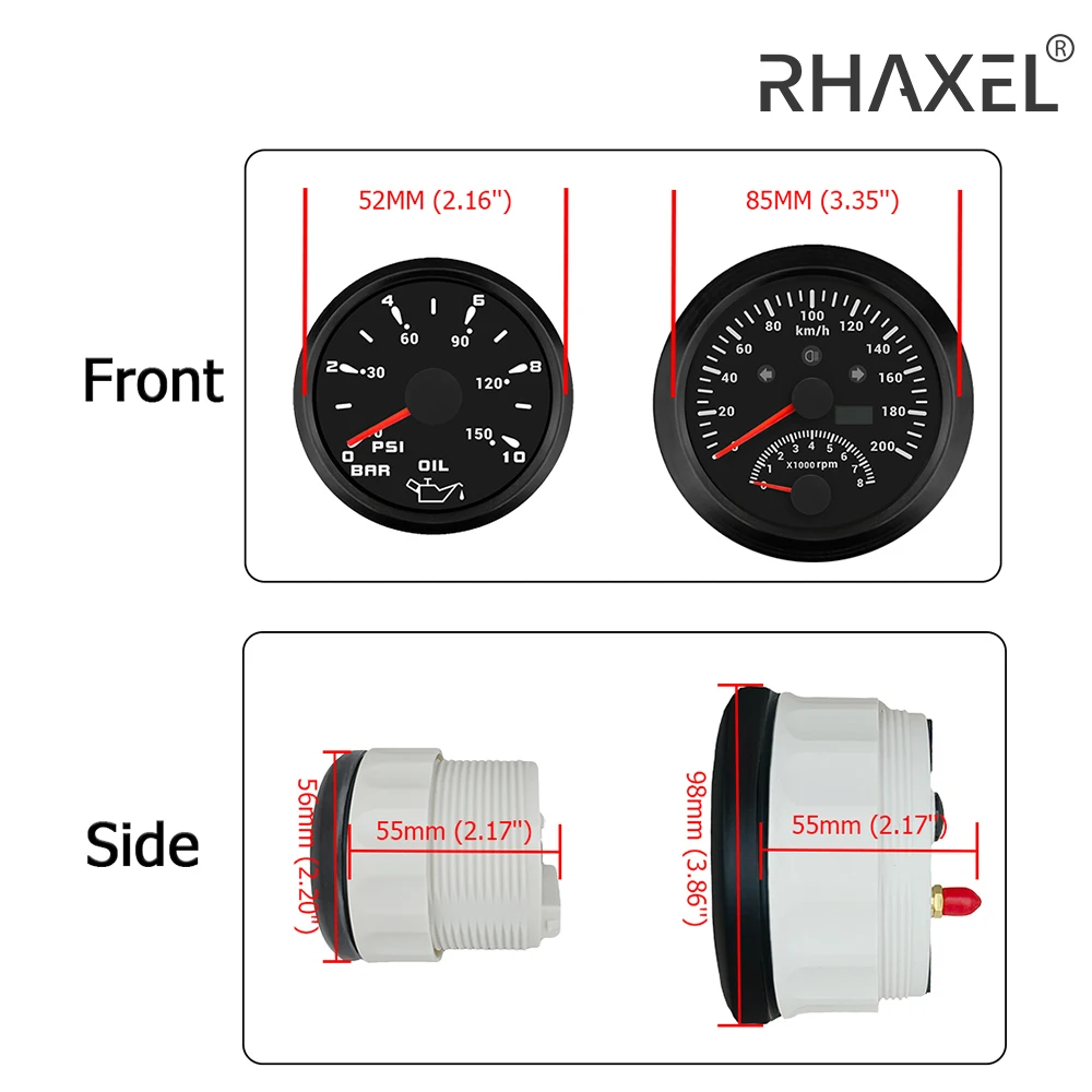 RHAXEL 5 Gauge Kit Car 85mm Speedometer GPS 120 200 KM/H with Tachometer Fuel Level Water Temp. Oil Pressure Gauge Voltmeter 12V