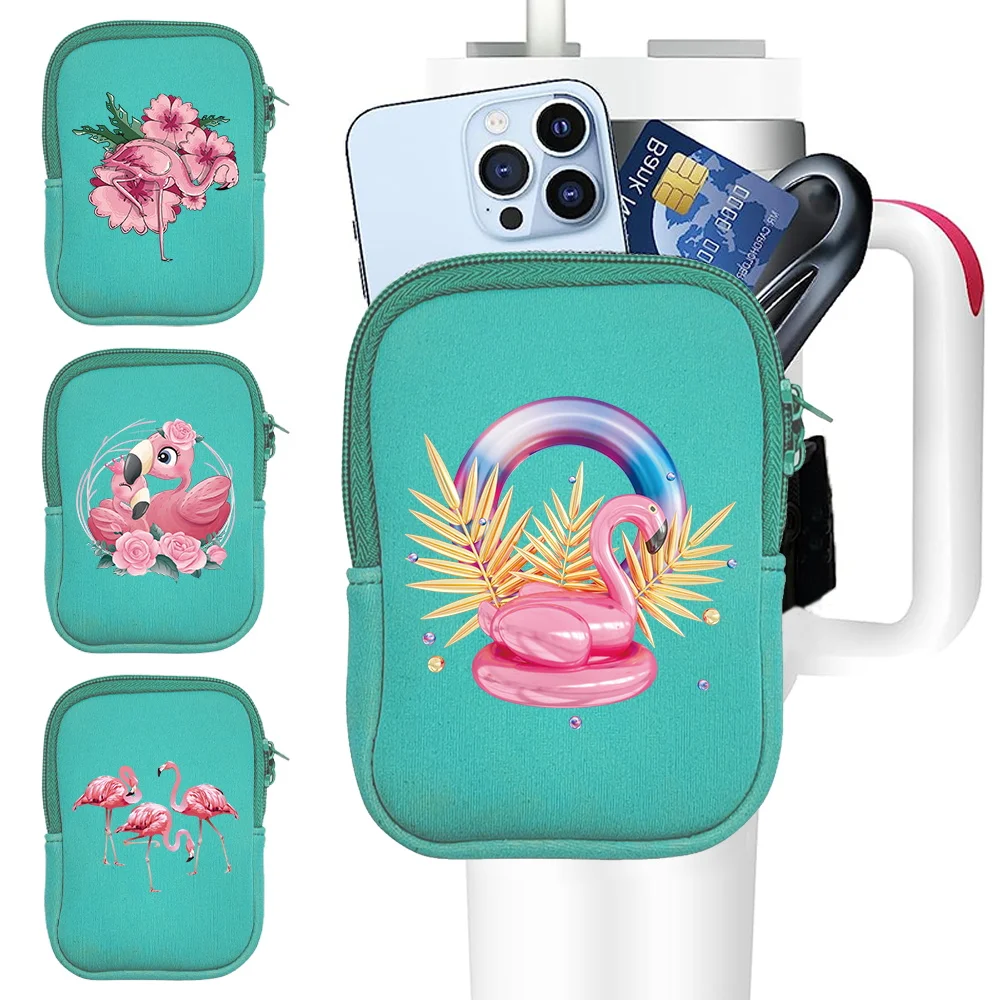 Sports Water Cup Bag Outdoor Sports Portable Water Bottle Bags with Double Zipper Key Card Small Storage Bag Flamingo Series