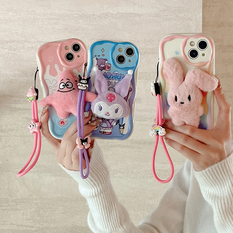 Hot Cute Kuromi Mobile Phone Shell Bracket Case for Iphone 15 14 13 Pro Pro Max Plus Cover Sanrio Creative Pendant Holiday Gifts