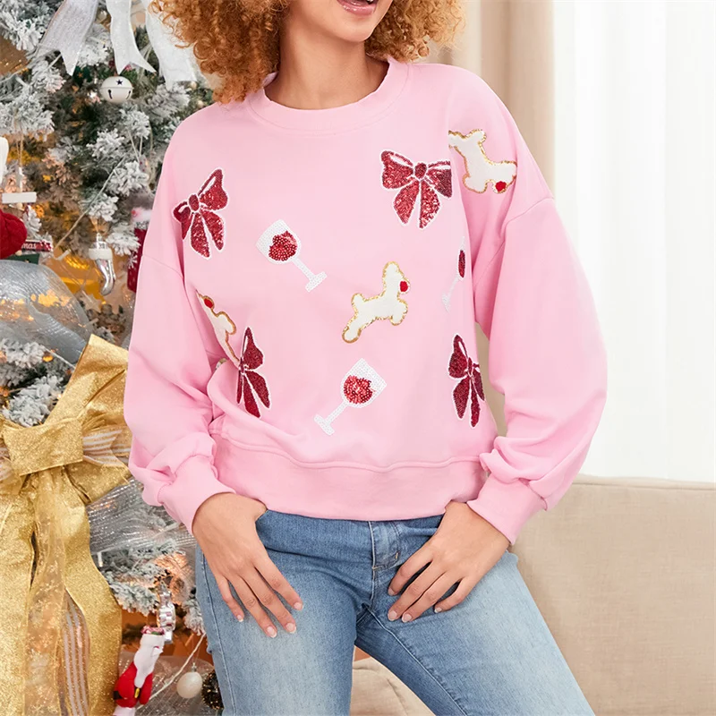 Sudaderas Y2k con lazo rosa para mujer, manga larga, cuello redondo, bordado, tops de gran tamaño, trajes de vacaciones