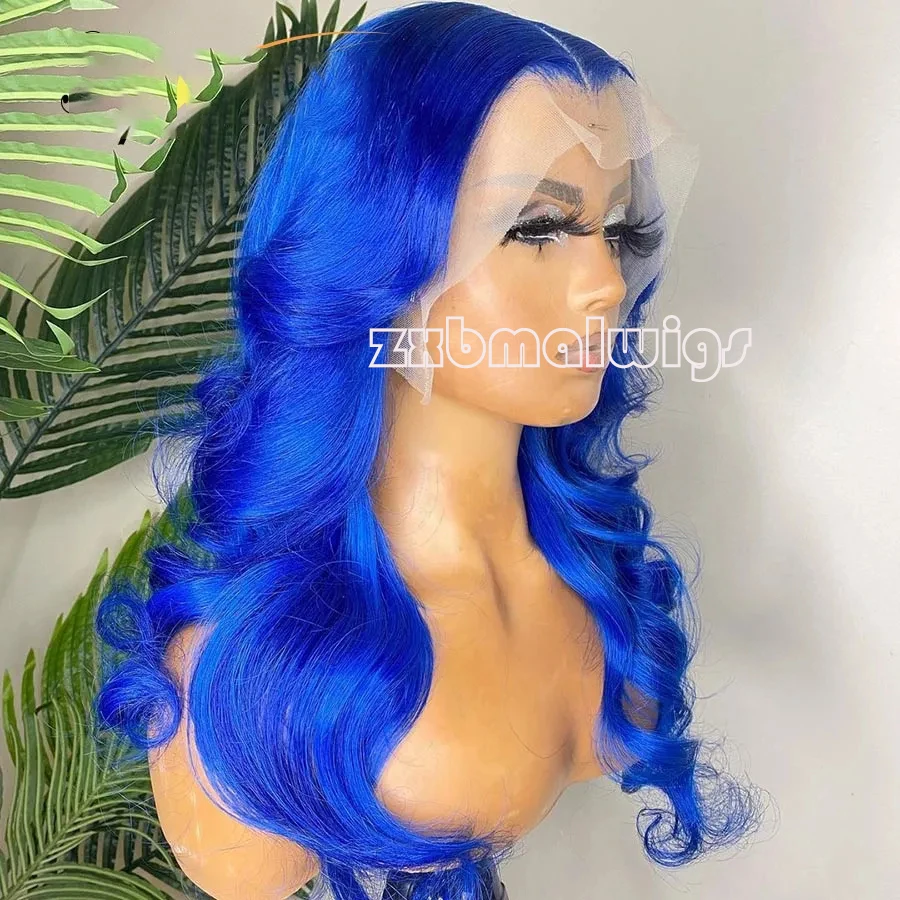 Synthetic Hair Blue Black Long Body Wave 13X4 Lace Front Wig For Women Glueless Preplucked Daily Cosplay Heat Resistant Fiber