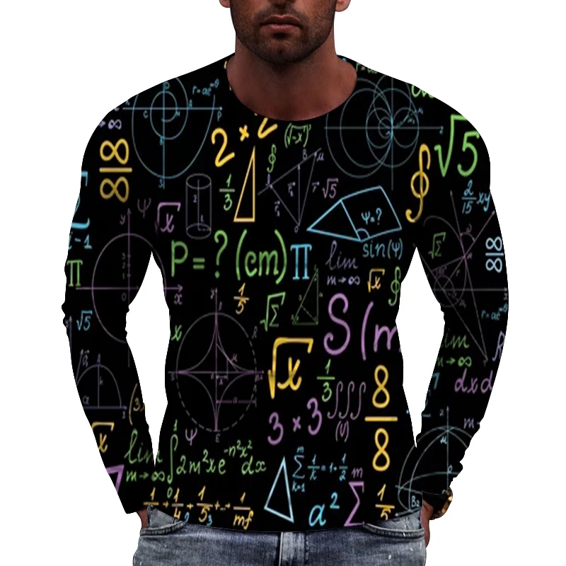 Fashionable and Fun Mathematical Formula Pattern Men's Long sleeved T-shirt Summer Casual Round Neck Casual Harajuku Long Sleeve