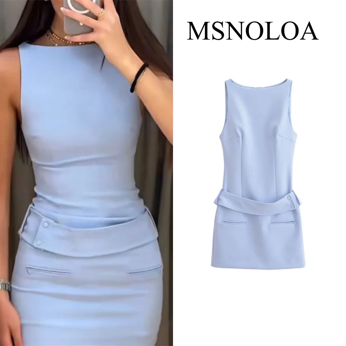 

2024 Summer New Women's Fashion Style Tight Round Neck Sleeveless Belt Short Dress