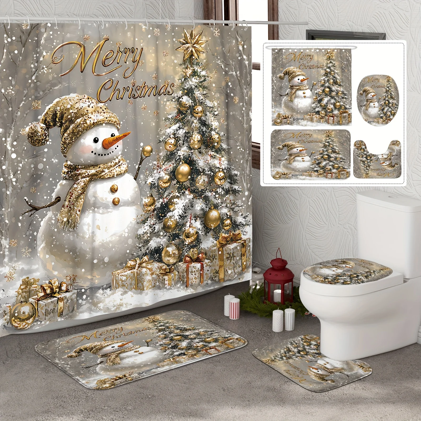 4PCS Christmas Decor Set , Gold Tree & Snowman Print 12 Hooks Non-Slip Mat U-Seat Cover Toilet Lid Cover Holiday Bathroom Decor