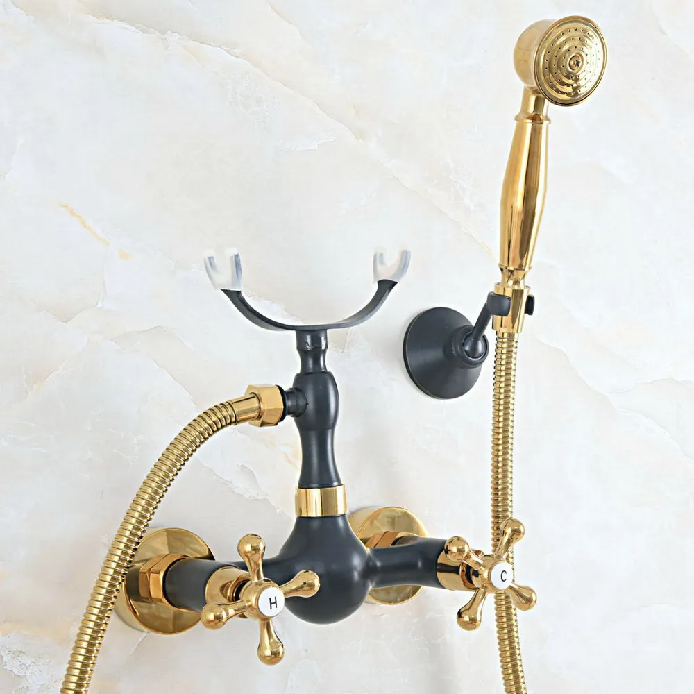 

Gold & Black Brass Wall Mounted Bathroom Hand Shower Faucet Set with 150CM Hose Handheld Spray Head Mixer Tap Dna533