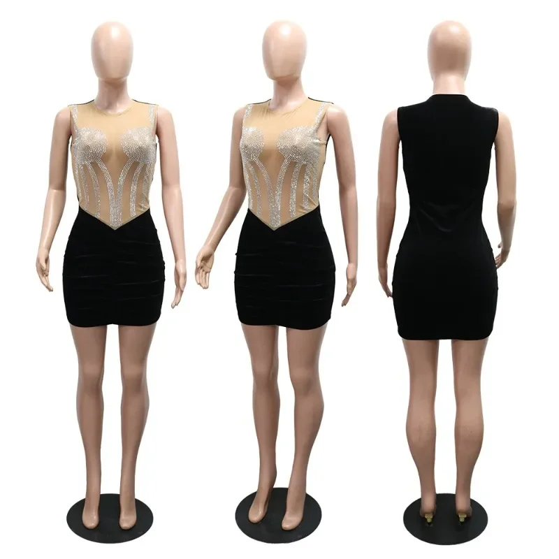 GUWU Abito corto da donna con diamanti caldi, sexy, in maglia trasparente, con giunture in velluto, avvolgente, per feste notturne