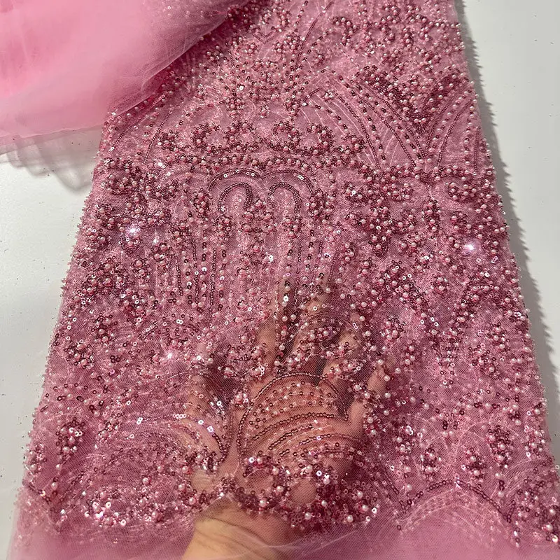 

African Beaded Tube Embroidery Lace Mesh Fabric Exquisite Beaded Floral Sequin Cloth for Wedding Dresses Evening Gowns Dresses