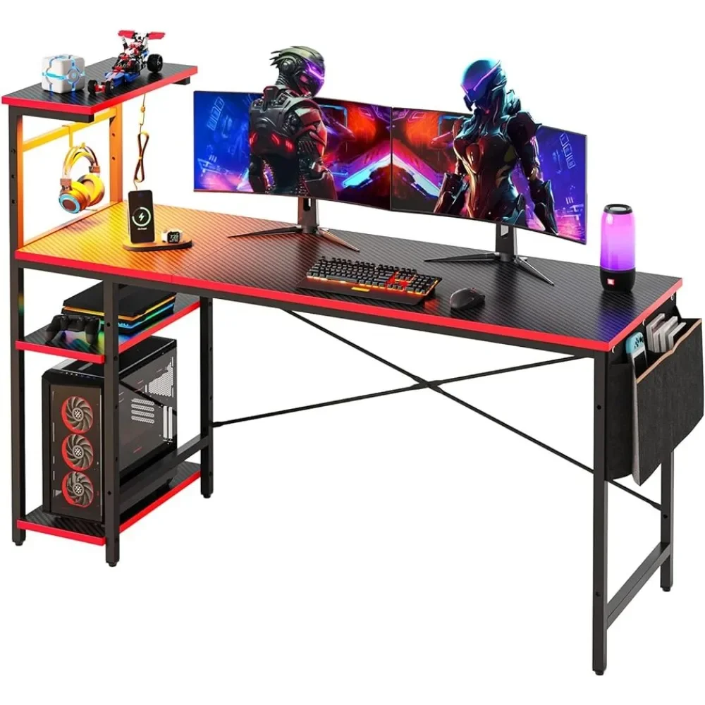 

61 Inch Gaming Desk with LED Lights, Reversible Shelves, Height Adjustable Shelf, Steel Frame, CARB P2 Class Board,Black Grained