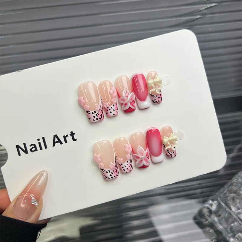 

10Pcs Long Press On Nails Pink Leopard Print French Edge 3D Flower Bow Hand Painted Fake Nails Daily Reusable Manicure For Women