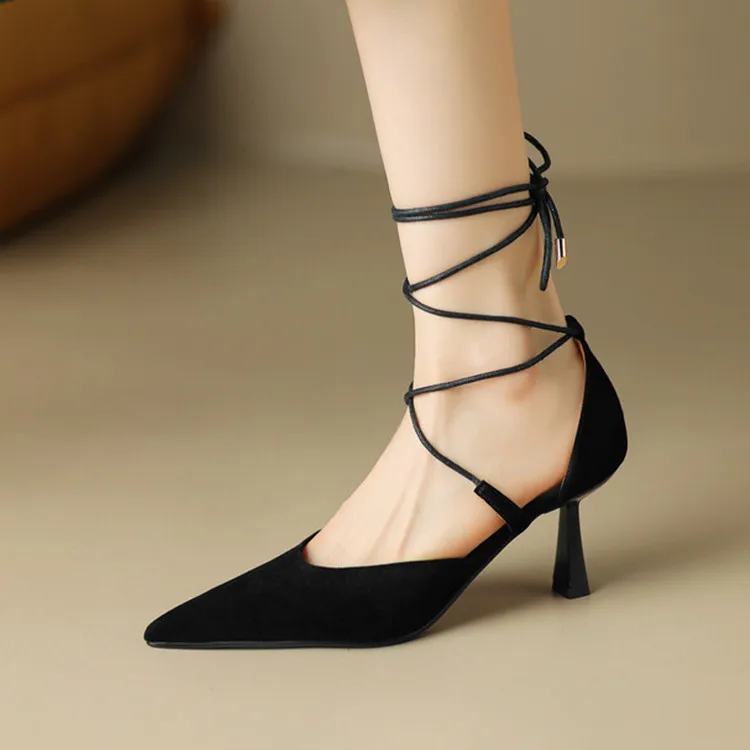 

2023New Black Shallow Women Pumps Gladiator Cross Strap Thin High Heels Prom Party Stilettos Apricot Chic Office Working Shoes