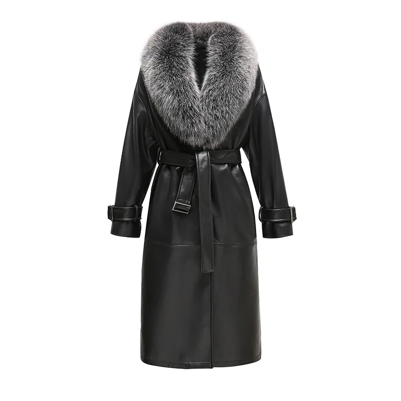 Lady Genuine Sheepskin Leather Coat 2023 New  Winter Belt Fox Fur Collar Luxury Windproof Long Trench Coats Overcoat GT5079