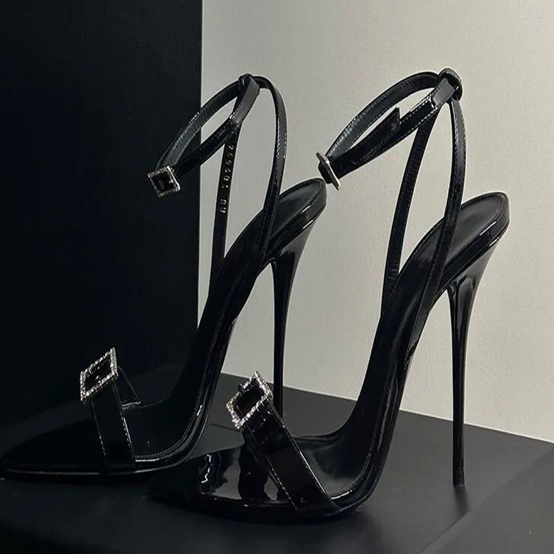 

Women Black Leather Crystal Bling Rhinestone Buckle Front Summer Slingback Sandals Female 9 CM Thin Heels Party Dress Shoes