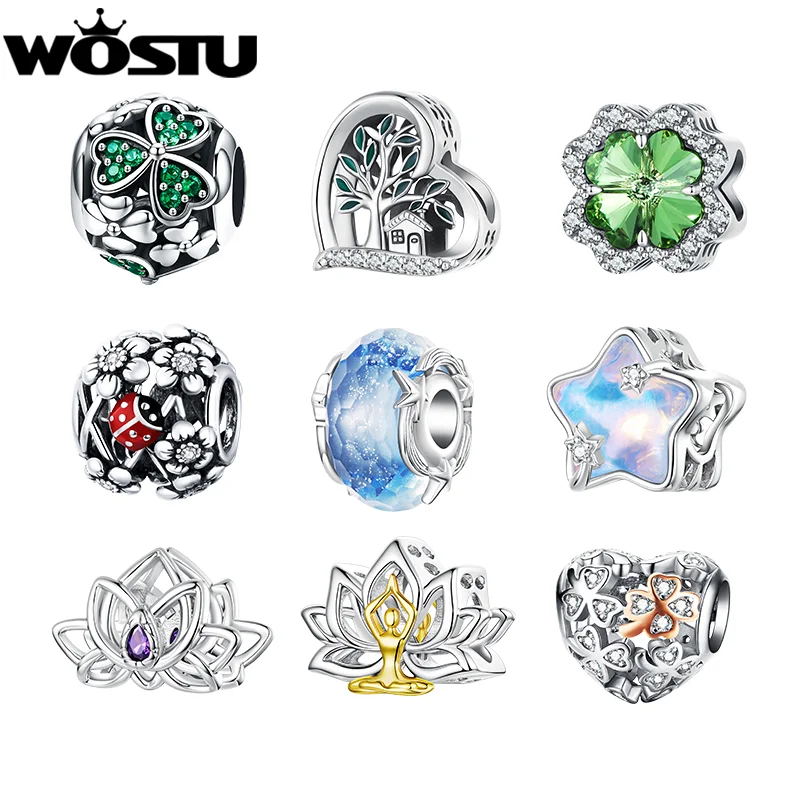 WOSTU DIY Gift Lucky Green Clover ladybug Charms Lotus Star Beads Heart Pendant Fit  Original Bracelet Neckalce Wholesale