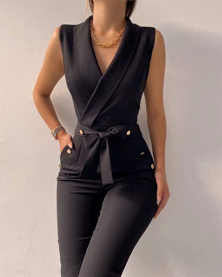 

Elegant Overalls for Women Solid Sleeveless Button Jumpsuits Summer Fashion Professional Attire Female Small Leg Pants Jumpsuit