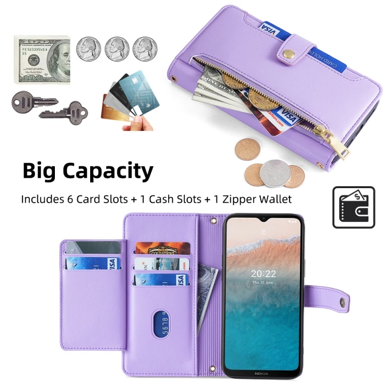 Zipper Wallet Case Multi Card Flip Cover For Nokia C100 C21 G21 1.4 C3 5.4 2.3 C2 C1 2nd Edition Removable Hand Strap Phone Case