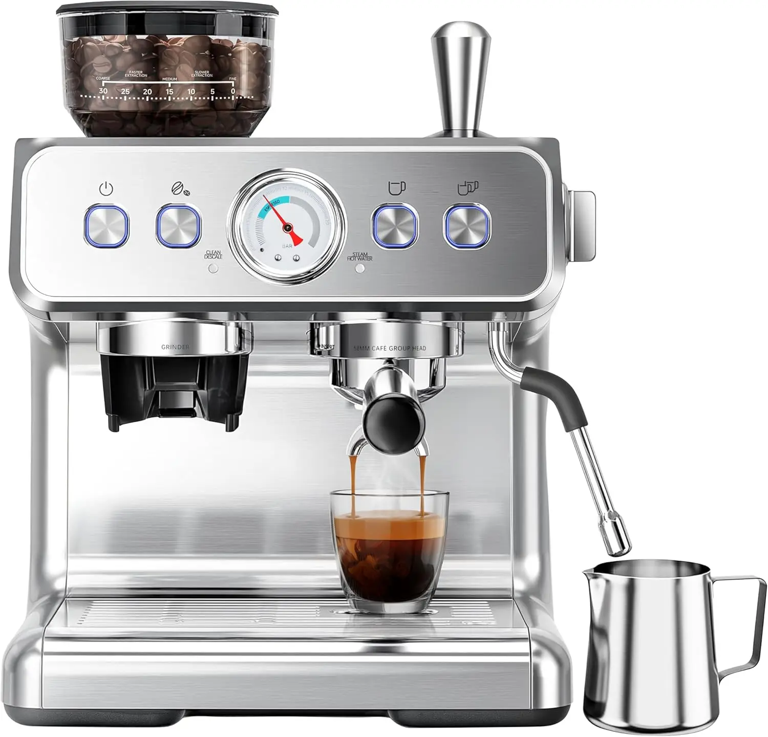 

Espresso Machine with Grinder, 20 Bar Automatic Espresso Maker with Milk Frother Steam Wand, Removable Water Tank, Latte