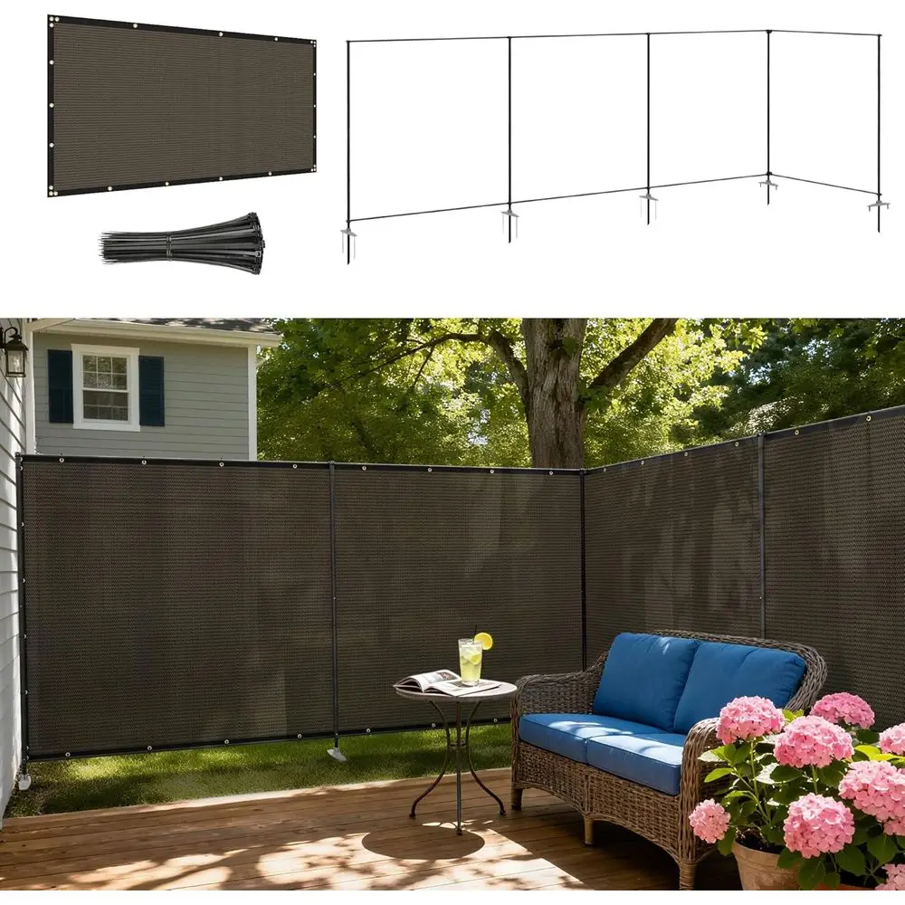 

6' x 48' Freestanding Privacy Screen Set with Iron Poles and Ground Spikes, UV-Resistant Mesh, Brown