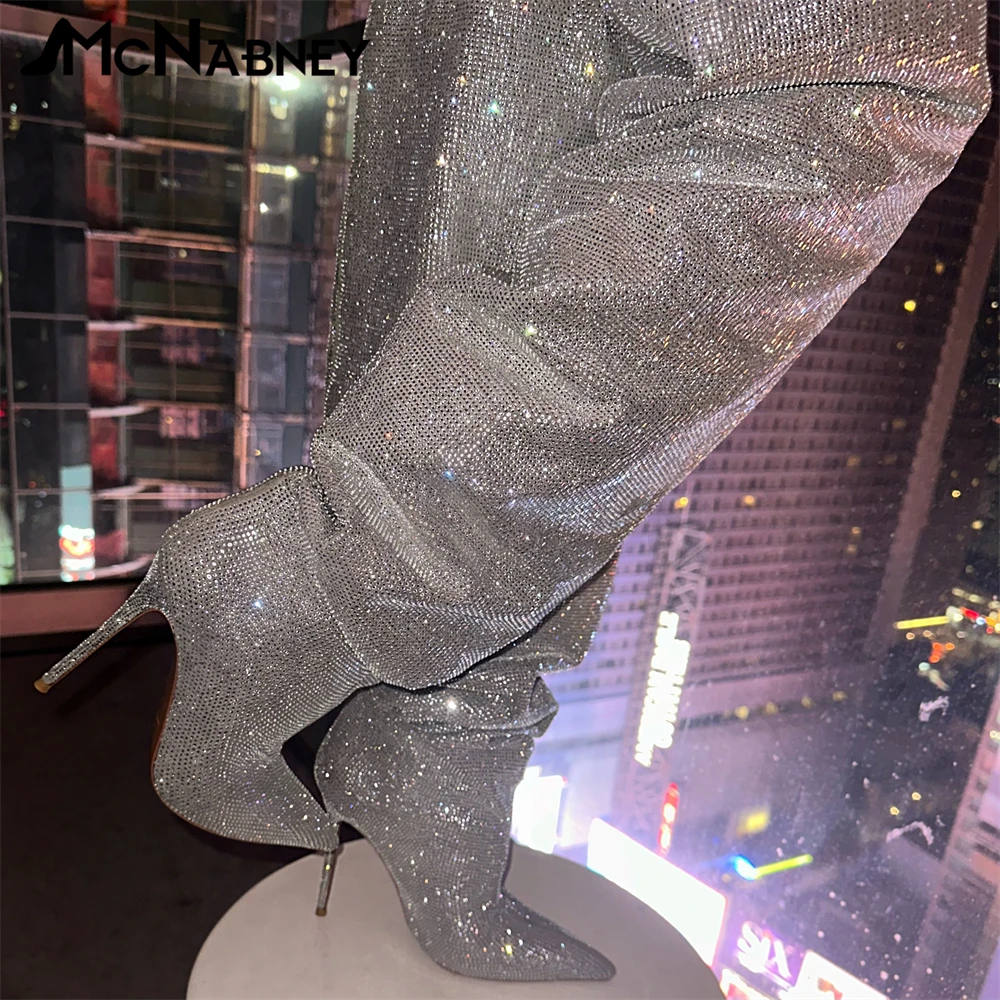 Bling Bling Rhinestone Boots Pointed Toe Stiletto Knee Boots Fashion Luxury Style High Heels Ruffle Design Boots for Women Sale