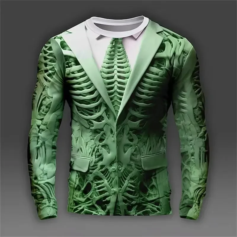 3D Printed Casual Long Sleeve 2026 New Men's T Shirt Fake Suit Print Autumn Tops Round Neck Fake Two Piece Streetwear Fashion