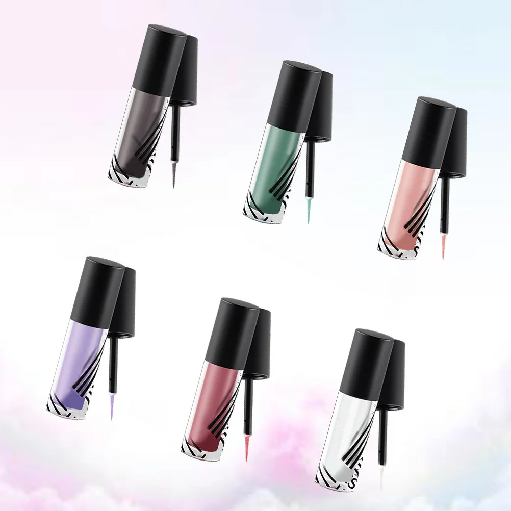 Zestaw 6 kolorowych płynnych eyelinerek z brokatem, długotrwały makijaż oczu, odporny na pot, naturalna formuła, delikatny, bezpieczny dla skóry, błyszczący.