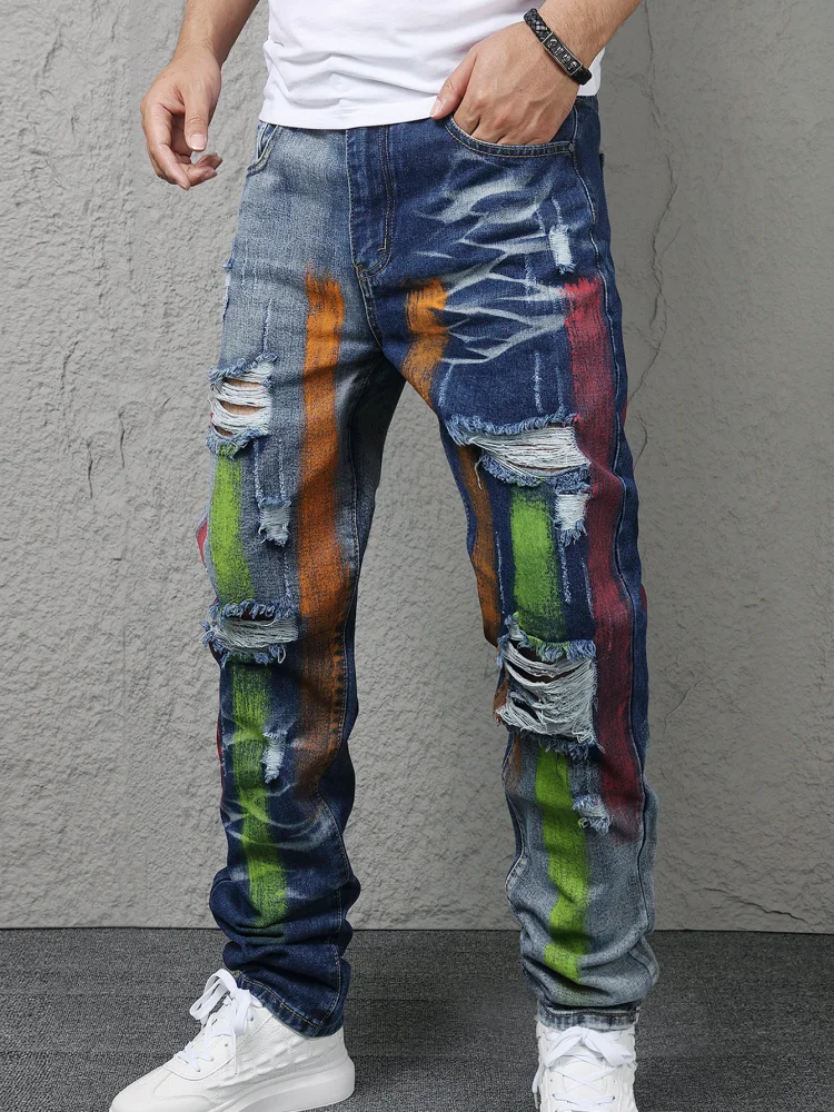 Men's Slim Fit Distressed Light Blue Denim Jeans High-End Paint Splatter Non-Stretch Ankle-Length Versatile Cross-Border Trade