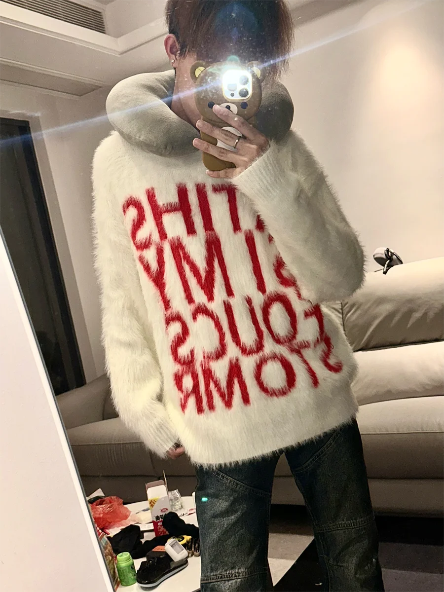 

American Sle round Ne Red Letter Men's Sweater Autumn Winter Loose Vintage Lazy Match All Knitted irt Casual Top