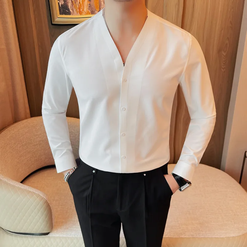 V Neck Long Sleeve Shirt Men's Solid Color Seamless Elastic All Match Business Casual Non-iron Soft Slim Fit Shirt for Men 2024